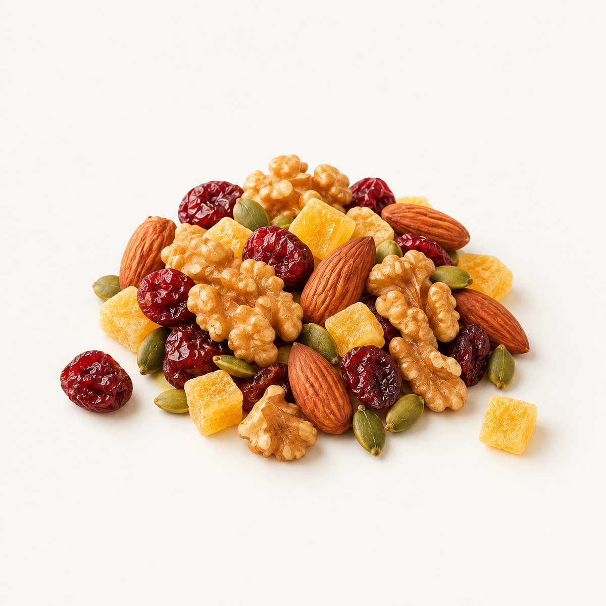 Evening Wind-Down Mix with walnuts, almonds, pumpkin seeds, dried cranberries and mango on warm ivory
