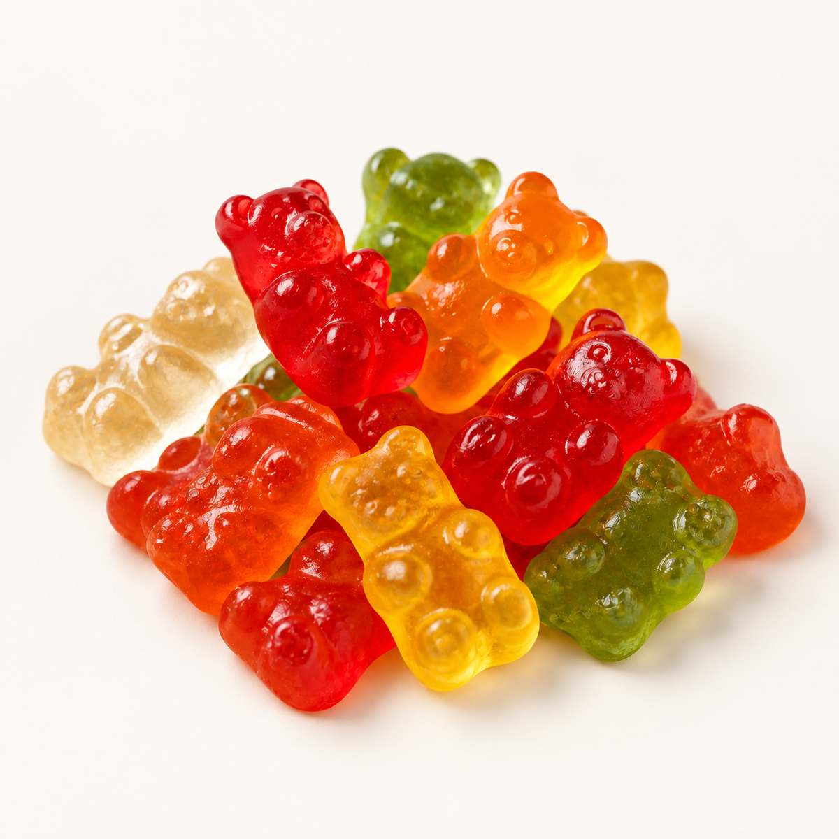 Gummi Bears in a small pile on warm ivory