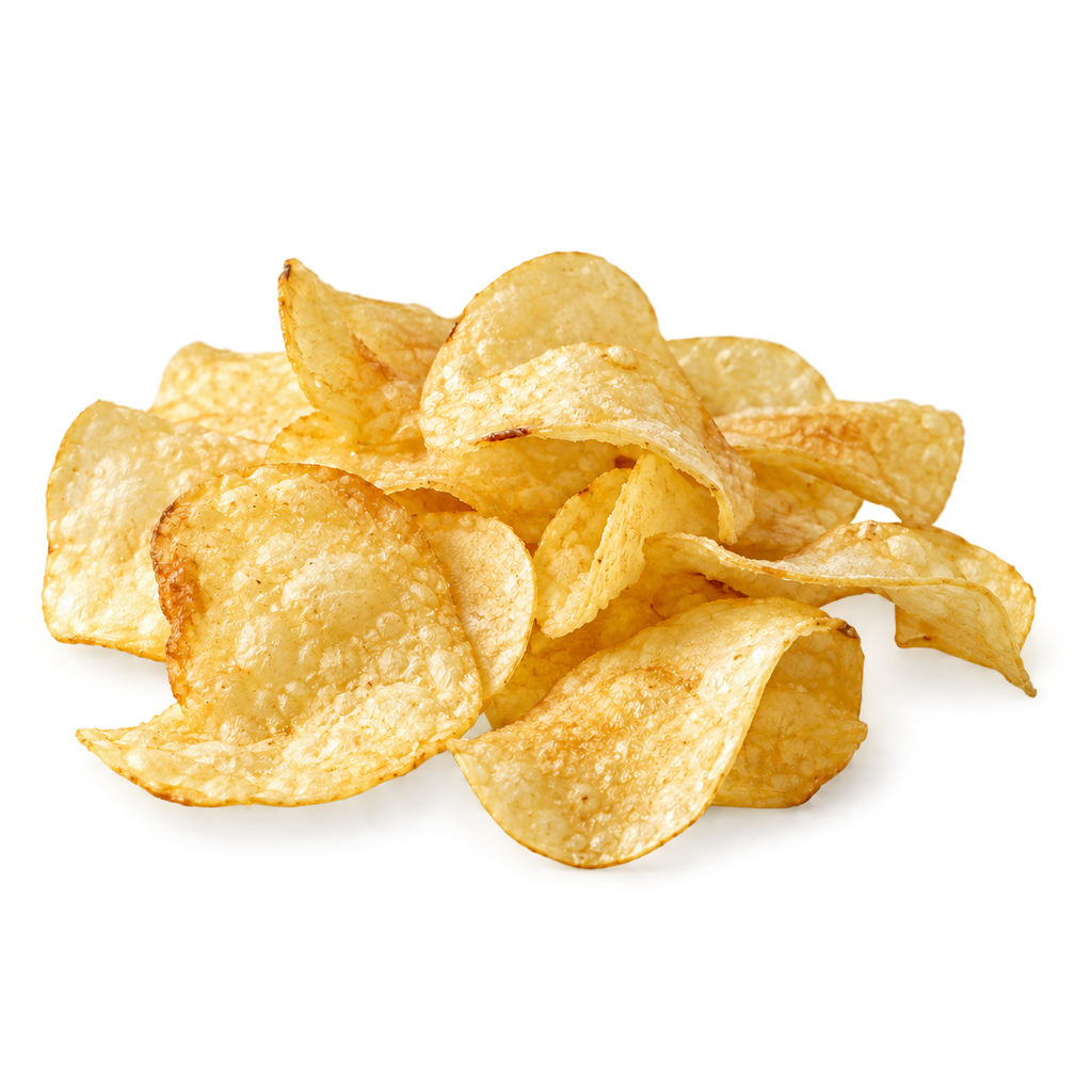 Photographic styling of thin, golden handmade sea-salt potato chips on warm ivory