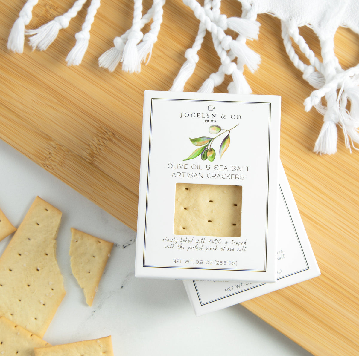 Jocelyn & Co. Olive Oil & Sea Salt Mini Crackers — rectangular box