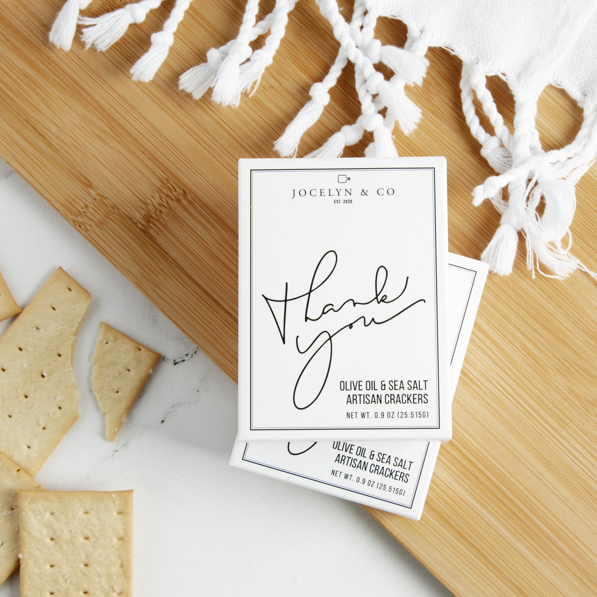 Jocelyn & Co. Thank You Mini Olive Oil & Sea Salt Crackers — rectangular box