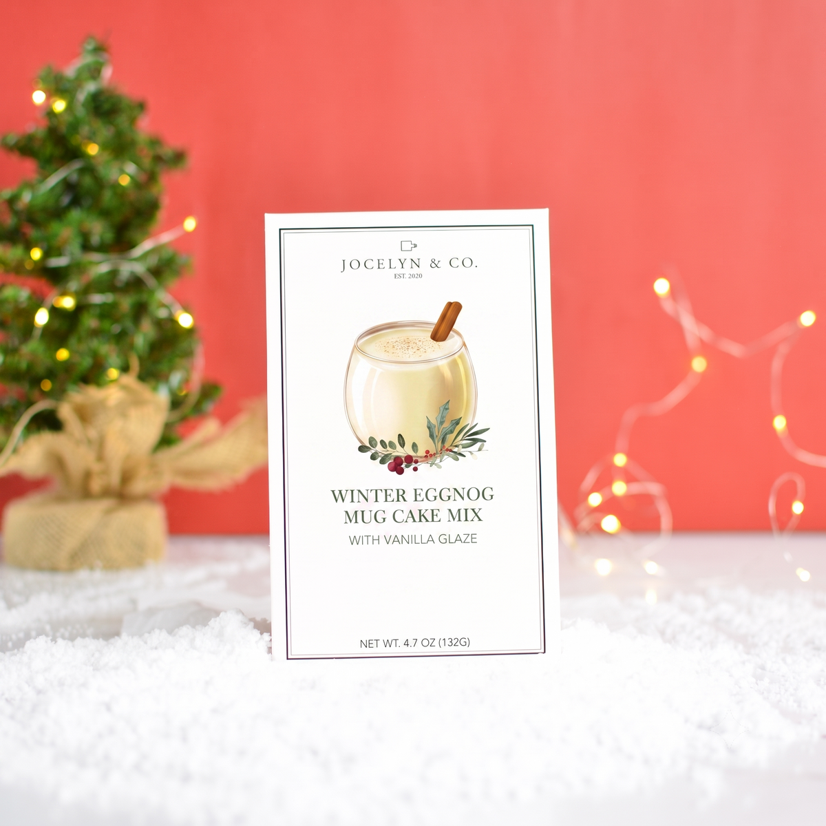 Jocelyn & Co. Winter Eggnog Mug Cake Mix with Vanilla Glaze — rectangular box