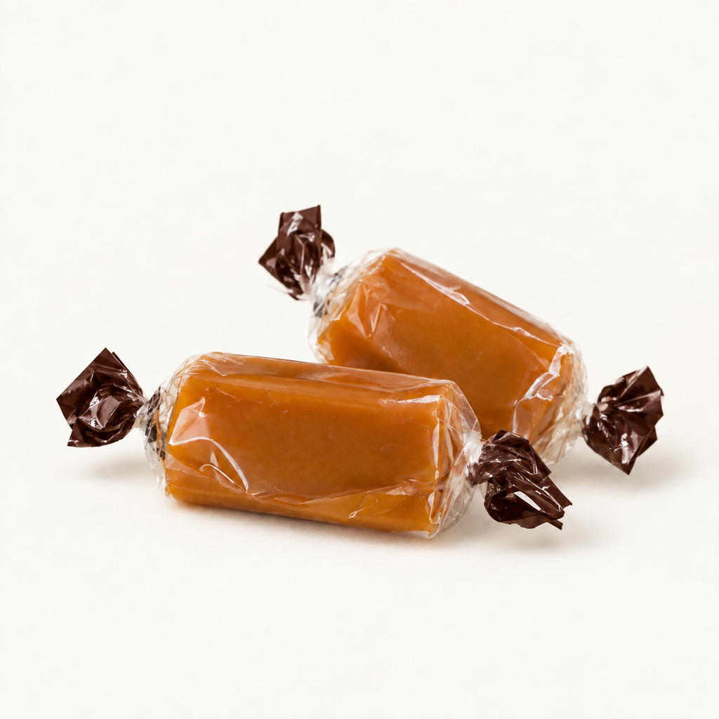Two Mocha Caramels in clear wrappers with dark brown ends on warm ivory