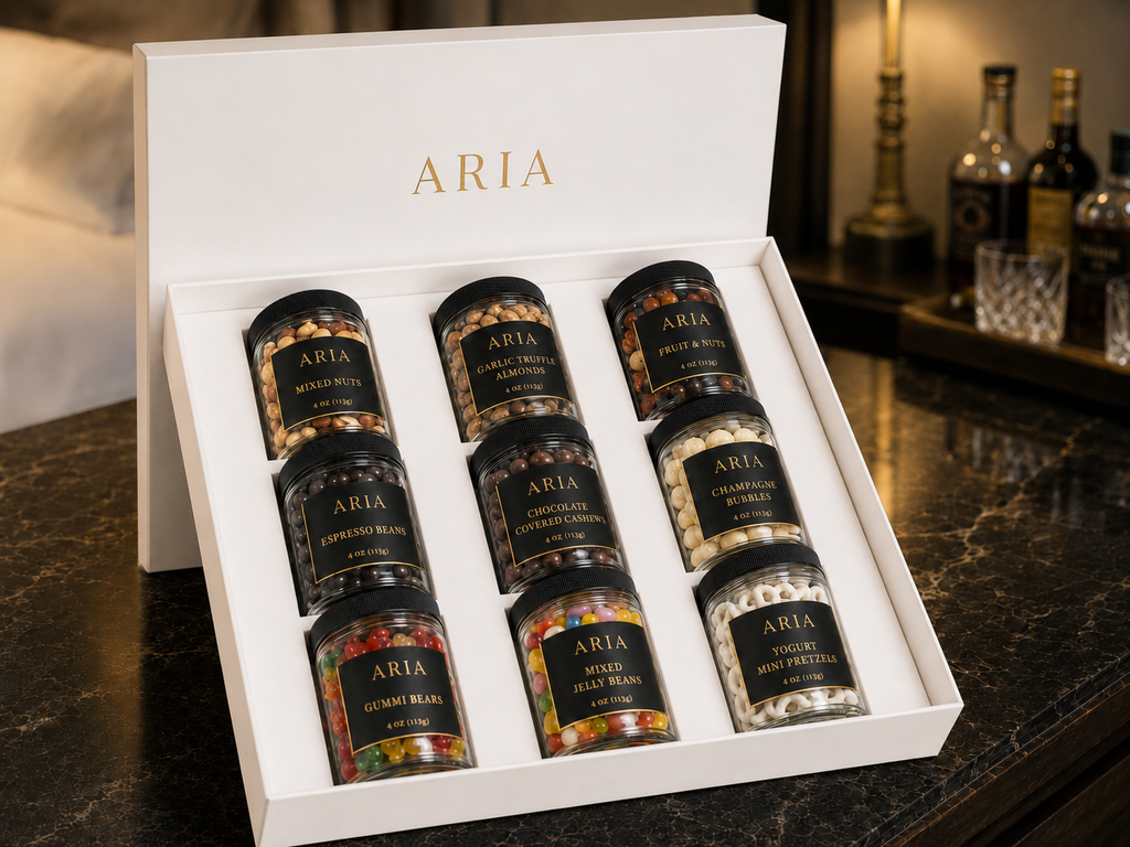 Curated in-room hotel amenity assortment