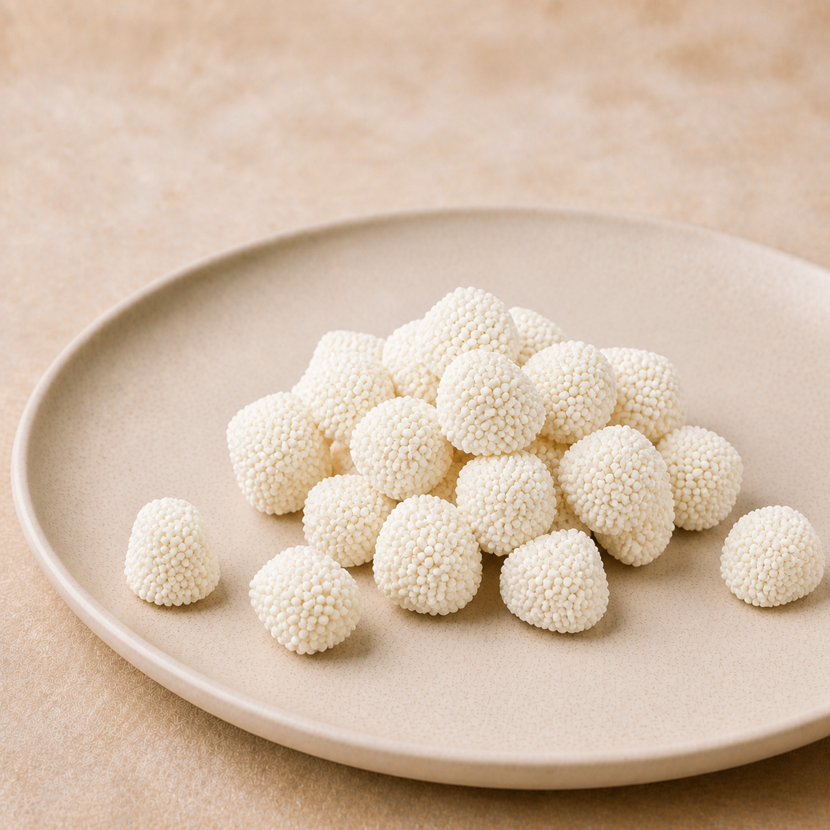 Irregular white nonpareil-coated Champagne Bubbles on a cream ceramic plate