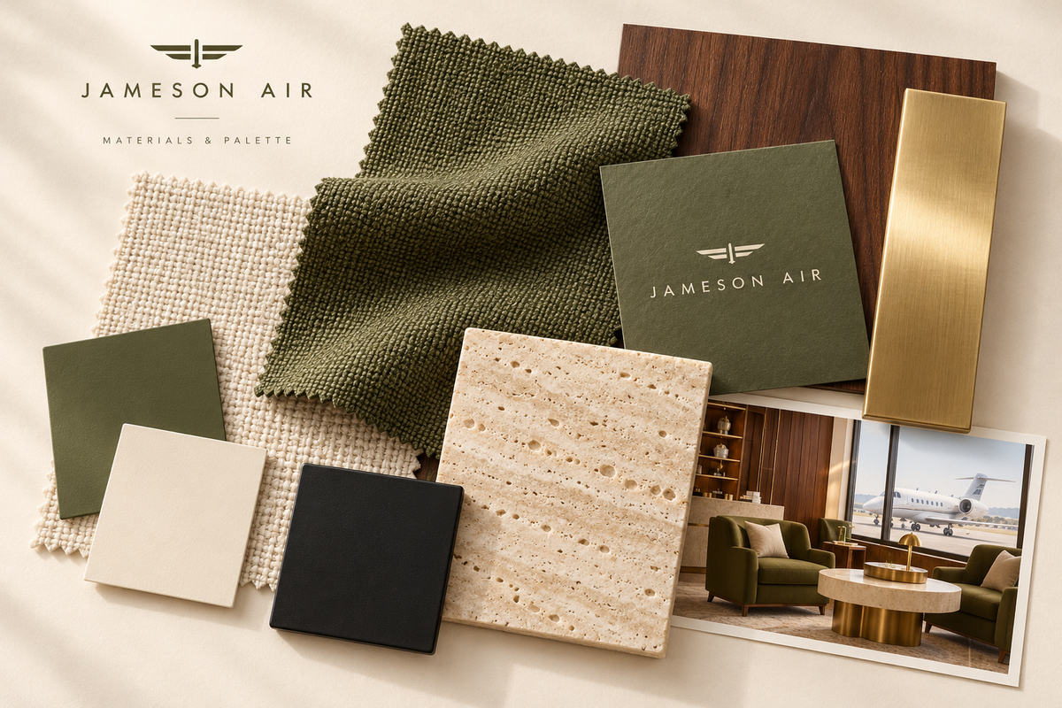 Jameson Air palette: olive, ivory, walnut and brass