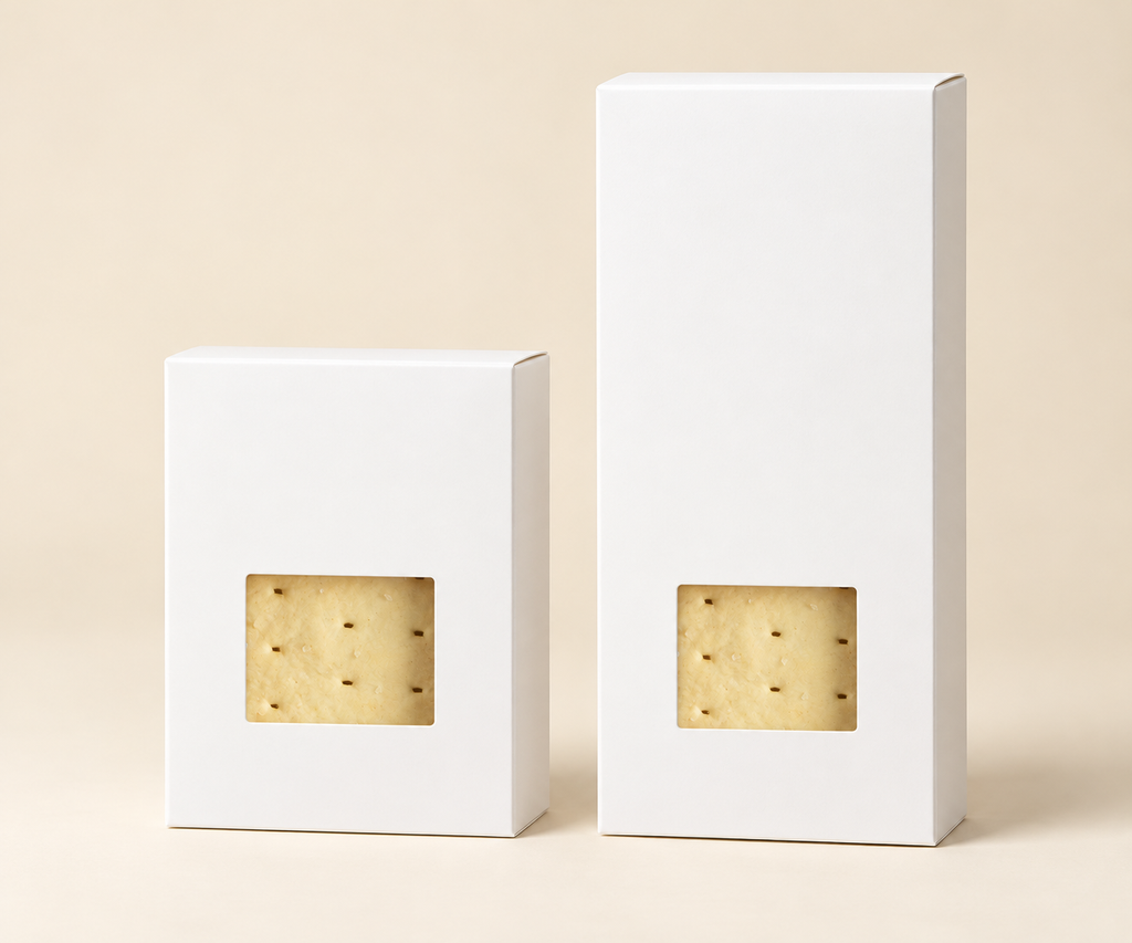 Blank white cracker boxes with one small window each: small 4 x 5 x 1 inch box for one package and double-tall box for two packages