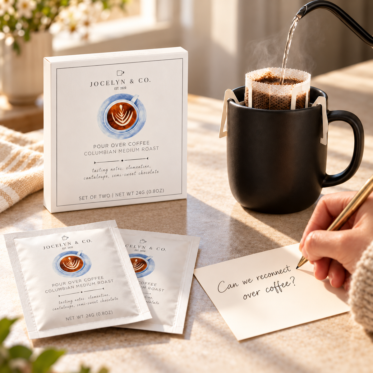Reconnect Request Gift featuring Jocelyn & Co pour-over coffee, matte black mug, and handwritten note asking Can we reconnect over coffee?